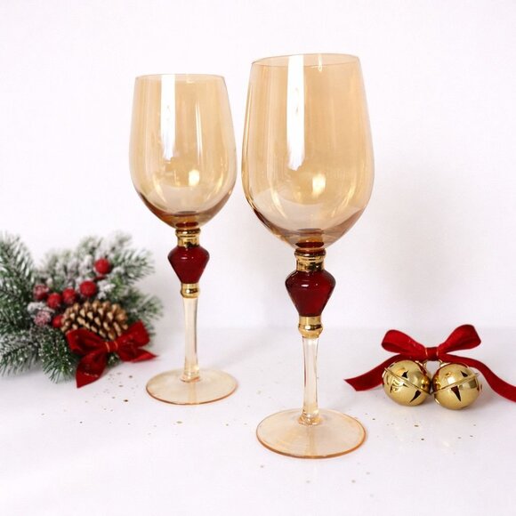 Pier 1 Amber Wine Glasses Set of 2 VTG Elegant Holiday Goblets Bar Cart Decor - Picture 16 of 16